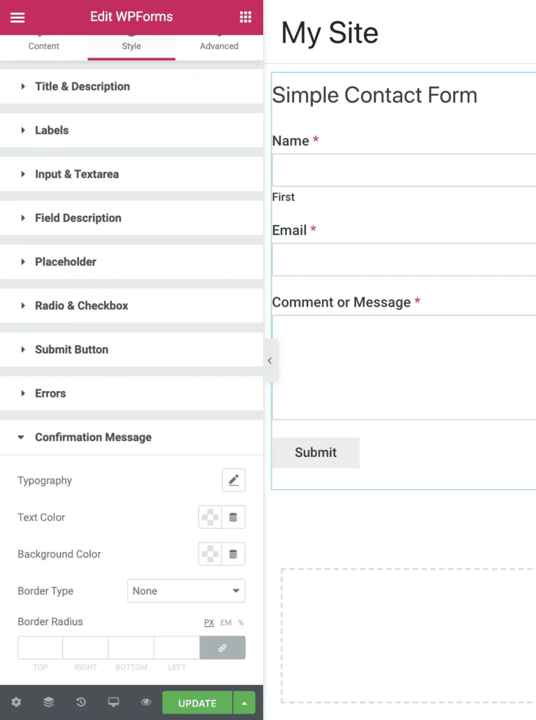 Elementor PowerPack WPForms Confirmation Message Settings