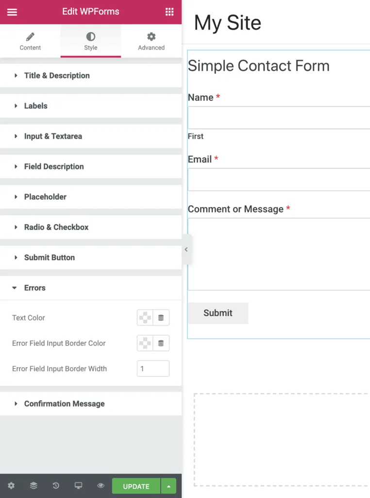 Elementor PowerPack WPForms Errors Settings