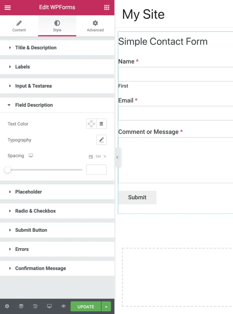 Elementor PowerPack WPForms Field Description Settings