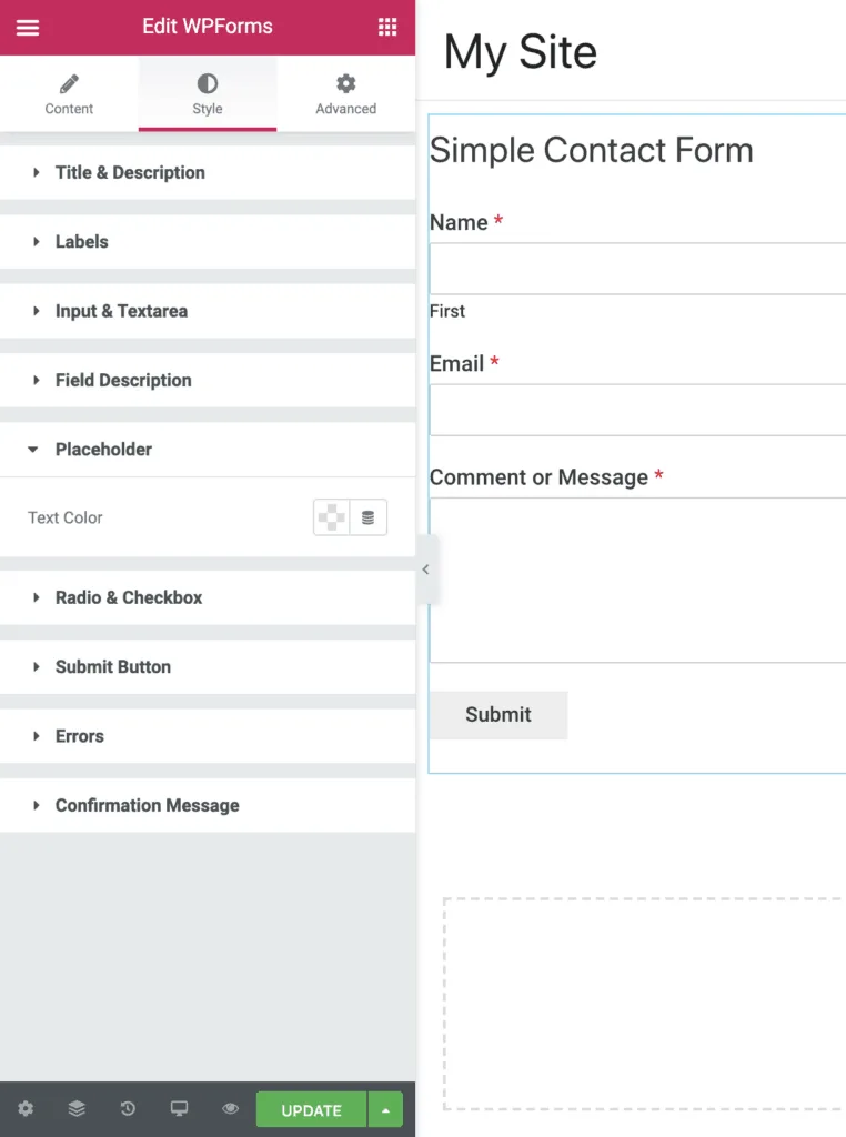 Elementor PowerPack WPForms Placeholder Settings
