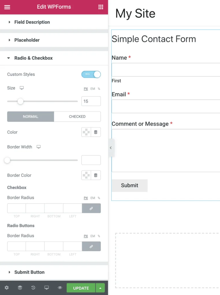 Elementor PowerPack WPForms Radio Checkbox Settings