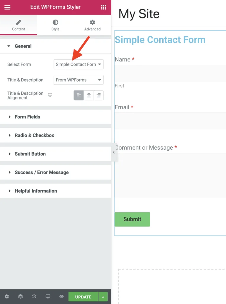 Elementor UAE WPForms Styler Content Settings