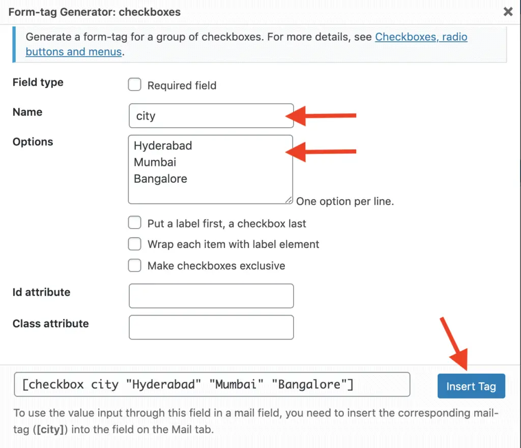 Contact Form 7 checkbox form-tag generator