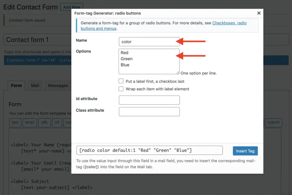 Contact Form 7 radio button name and options